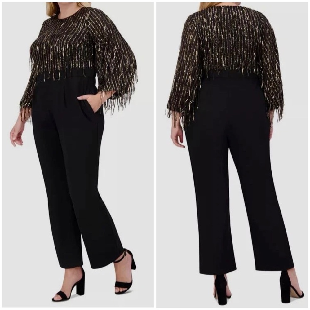 Eliza J Sequin Fringe Long Sleeve Jumpsuit Black 8 Evening Black Tie - Picture 2 of 14